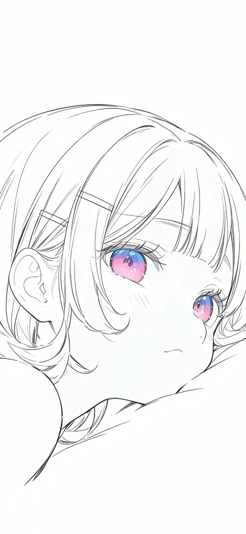 短发动漫少女手机壁纸｜线稿手绘背景图片 - 粉蓝渐变瞳孔「哲风壁纸」