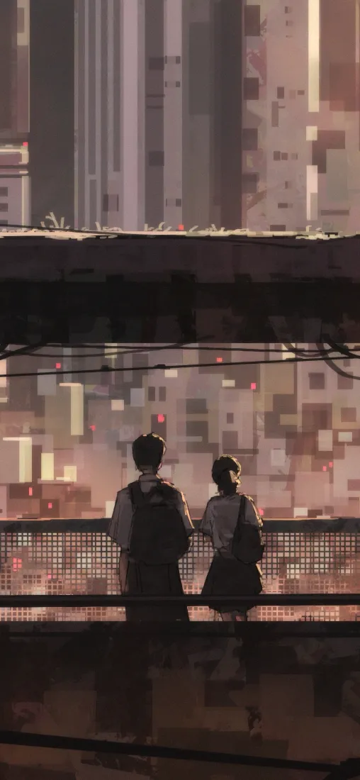 城市情侣手机壁纸｜黄昏天桥背景图片 - 治愈剪影插画「哲风壁纸」