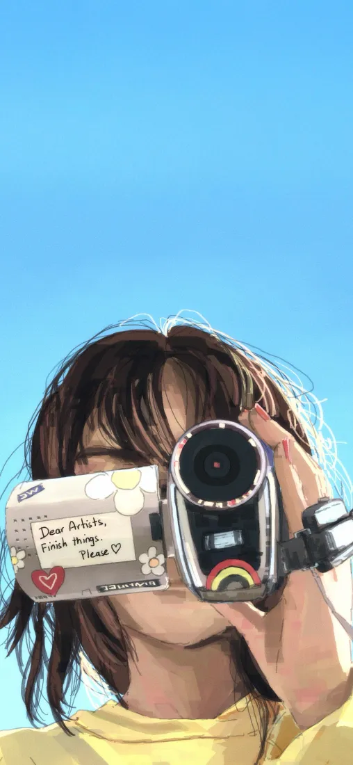 持摄像机少女手机壁纸｜蓝天背景图片 - 日系清新插画「哲风壁纸」