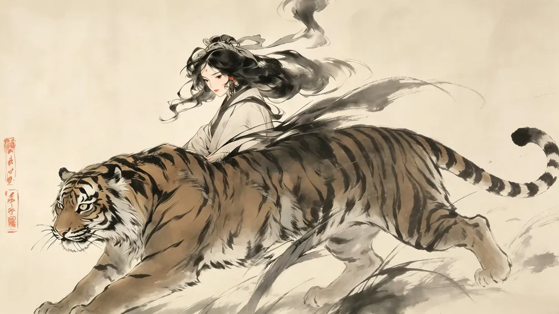 3k骑虎少女壁纸｜国风水墨背景图片 - 古风手绘创作「哲风壁纸」