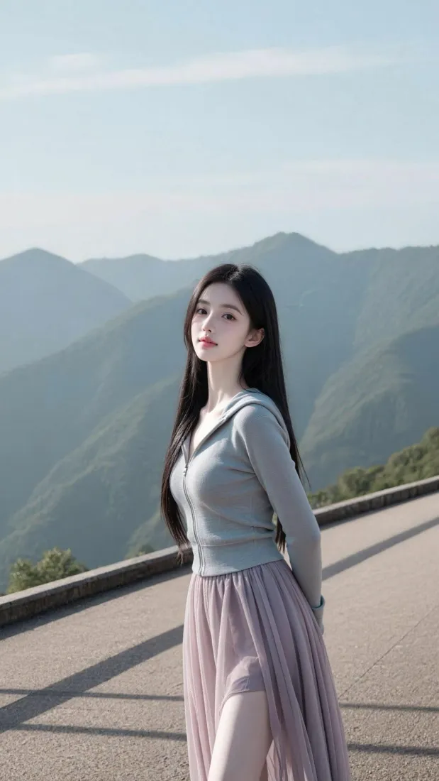 清纯长发美女手机壁纸｜山间观景台背景图片 - 温柔穿搭「哲风壁纸」
