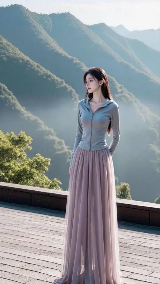 气质美女手机壁纸｜青山远山背景图片 - 蓝上衣粉长裙穿搭「哲风壁纸」