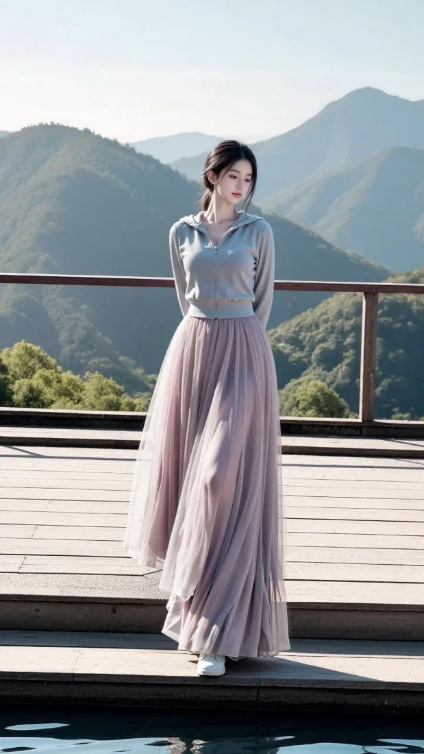气质美女手机壁纸｜山间观景台背景图片 - 淡紫长裙穿搭「哲风壁纸」