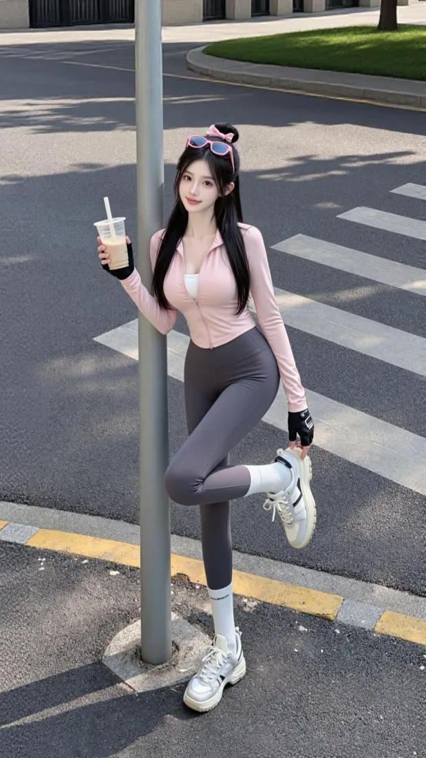 甜美街拍美女手机壁纸｜城市道路背景图片 - 运动风穿搭「哲风壁纸」
