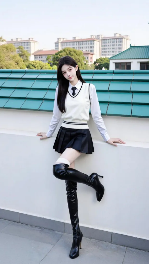 学院风美女手机壁纸｜天台背景图片 - 精致时尚穿搭「哲风壁纸」