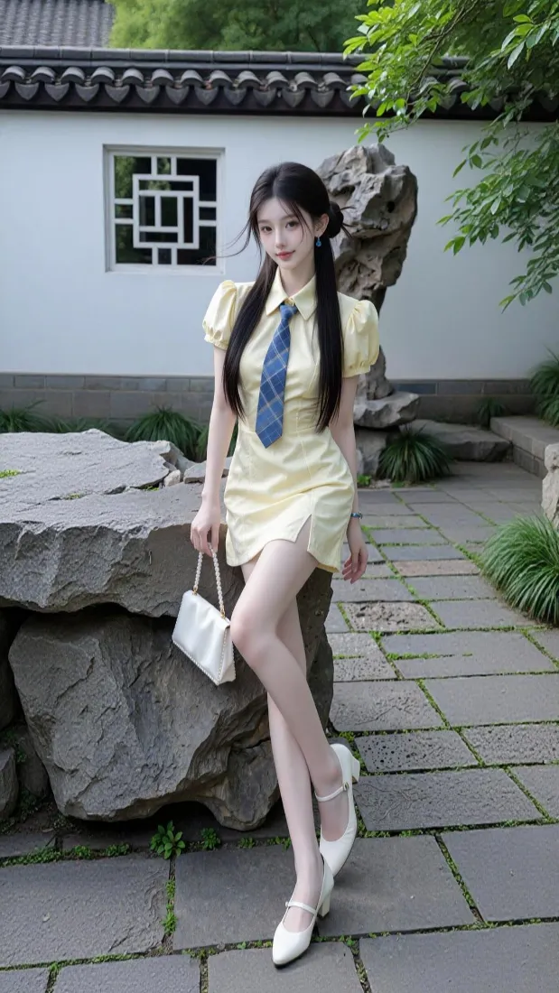 双马尾美女手机壁纸｜中式庭院背景图片 - 黄色连衣裙穿搭「哲风壁纸」