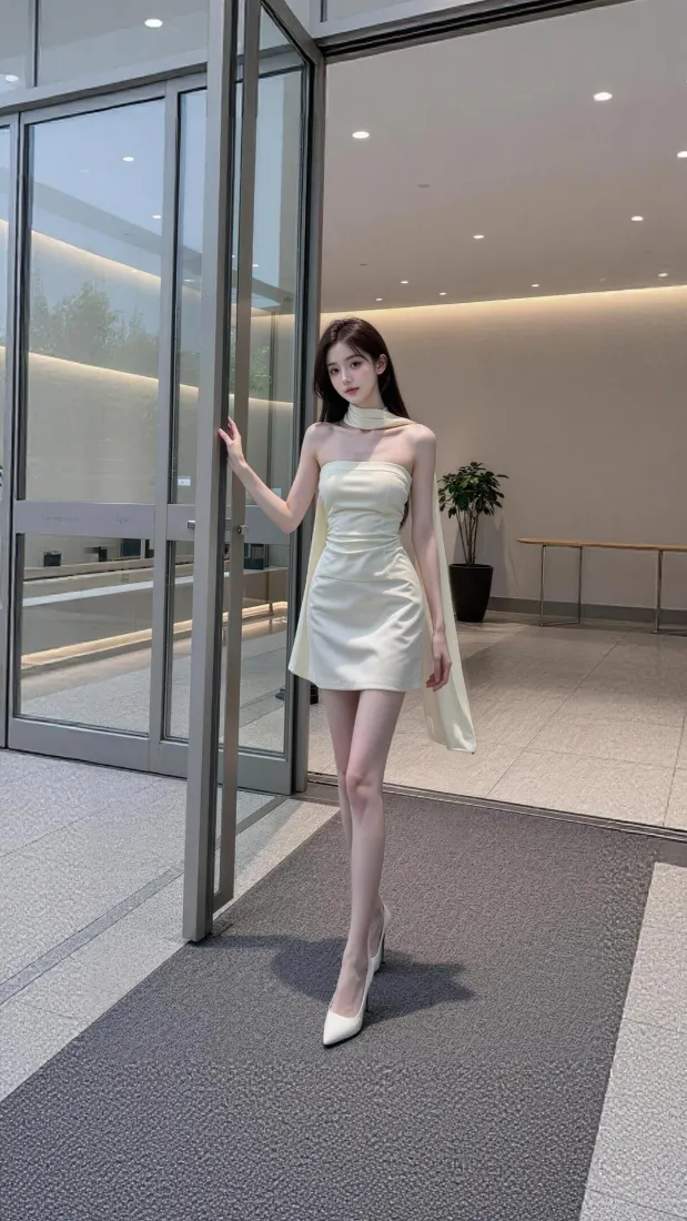 白裙美女手机壁纸｜写字楼场景背景图片 - 时尚穿搭好看「哲风壁纸」