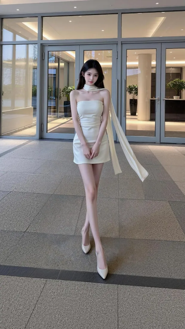美女手机壁纸｜抹胸白裙背景图片 - 现代写字楼前厅「哲风壁纸」