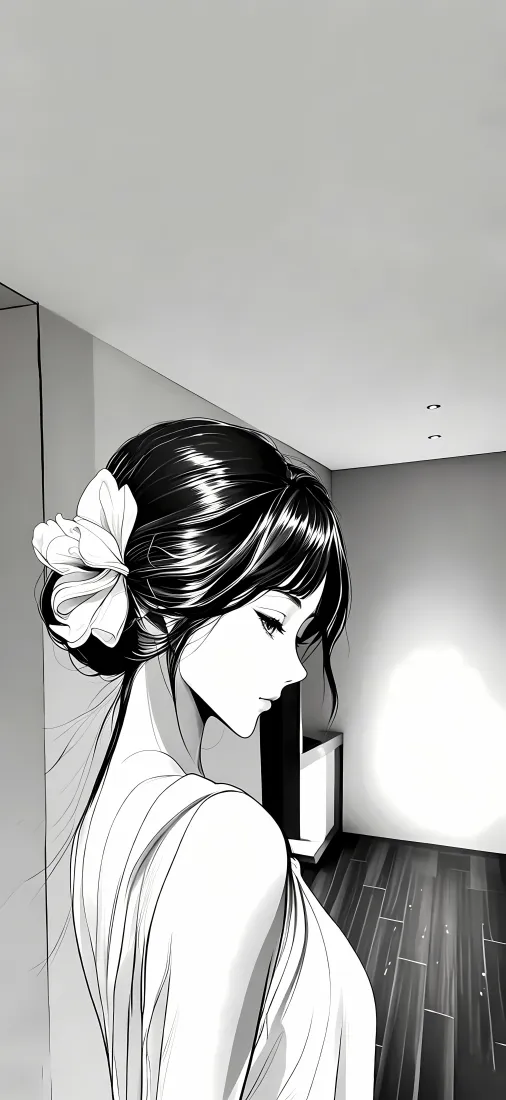 动漫美女手机壁纸｜室内侧颜背景图片 - 黑白盘发少女「哲风壁纸」