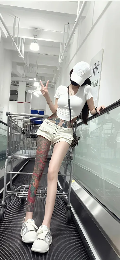 纹身美女手机壁纸｜扶梯购物车场景背景图片 - 潮流穿搭「哲风壁纸」