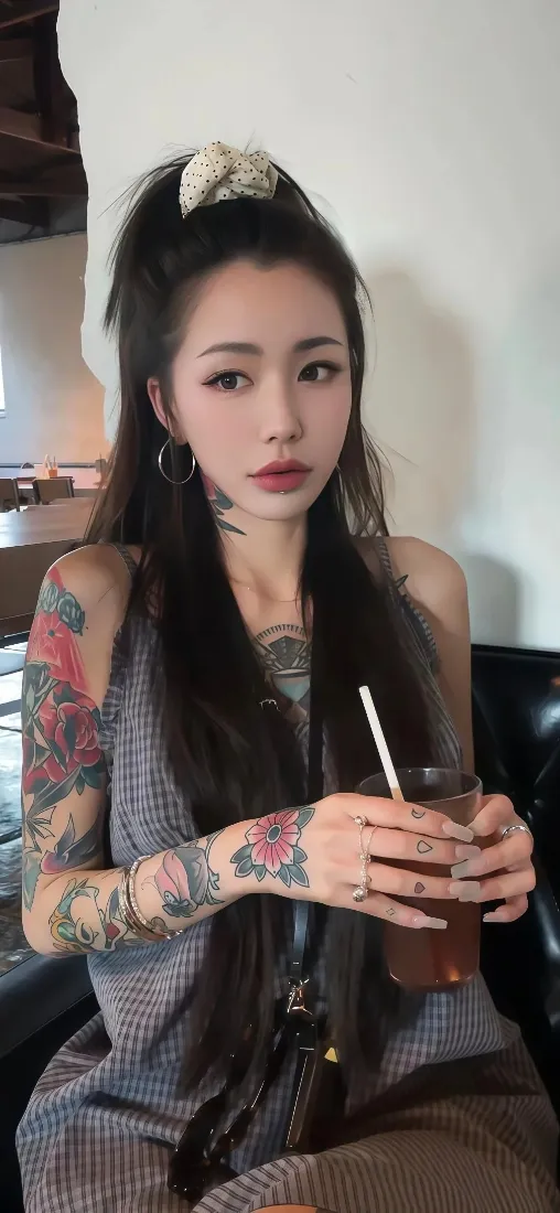纹身美女手机壁纸｜室内休闲背景图片 - 花臂长发女生「哲风壁纸」