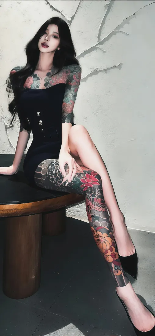 纹身美女手机壁纸｜极简浅灰背景图片 - 冷艳长腿时尚穿搭「哲风壁纸」