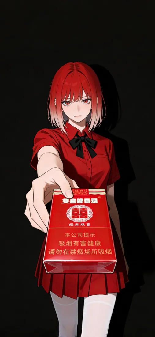 红发动漫抽烟少女手机壁纸｜递烟盒黑底背景图片 - 原创二次元插画「哲风壁纸」
