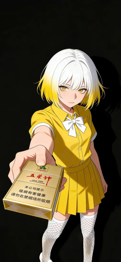 抽烟动漫少女手机壁纸｜黑色背景图片 - 黄制服短发日系少女「哲风壁纸」