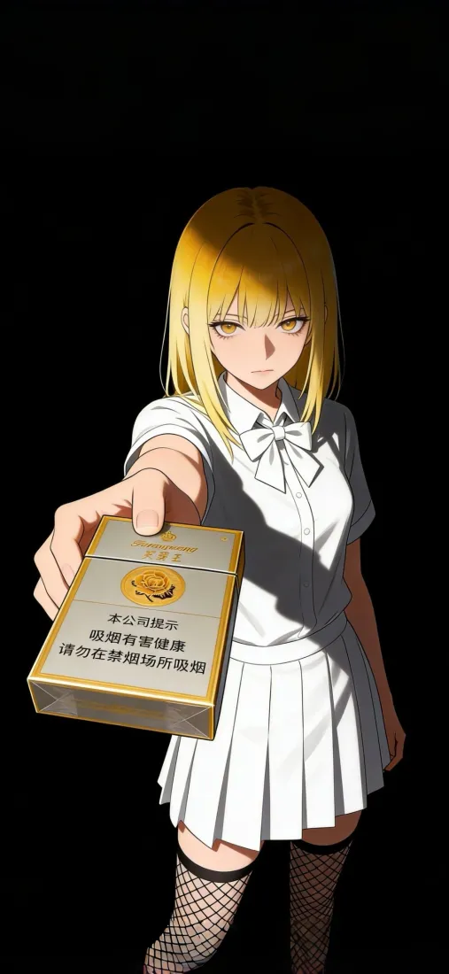 黄发动漫少女手机壁纸｜黑色背景图片 - 水手服递烟造型「哲风壁纸」