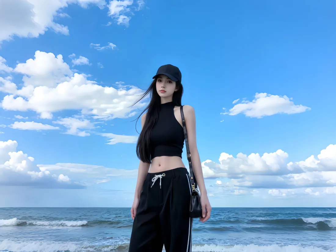 5k高清美女壁纸｜蓝天白云海边背景图片 - 黑色酷飒穿搭「哲风壁纸」