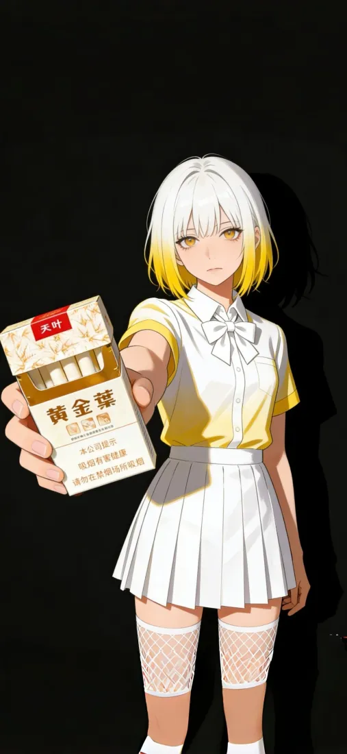 黄发动漫少女手机壁纸｜纯黑背景图片 - 递烟百褶裙白丝穿搭「哲风壁纸」