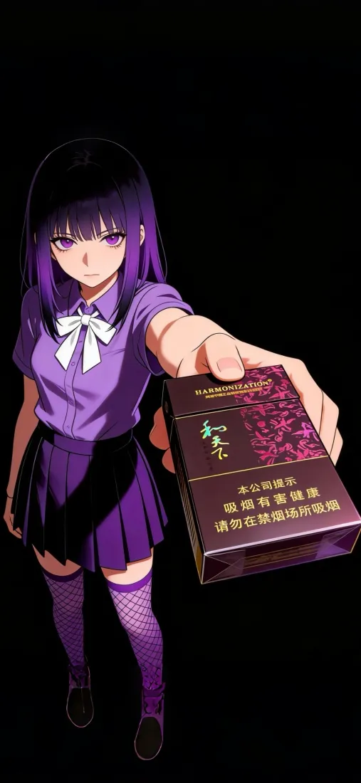紫色制服动漫少女手机壁纸｜递烟盒黑背景图片 - 二次元角色「哲风壁纸」