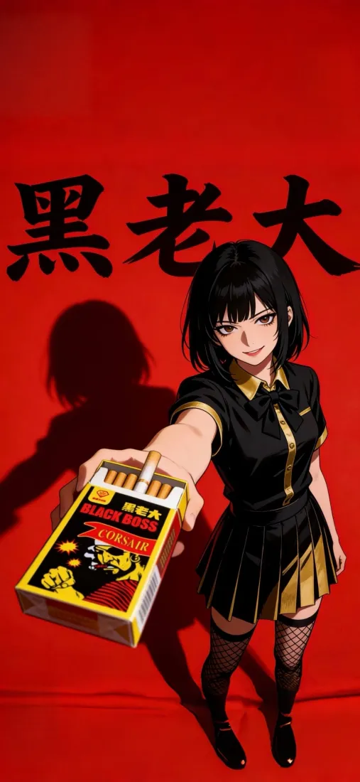 黑老大动漫少女手机壁纸｜红色背景图片 - 酷飒递烟造型「哲风壁纸」