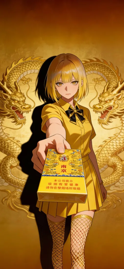动漫金发少女手机壁纸｜龙纹香烟背景图片 - 二次元抽烟「哲风壁纸」