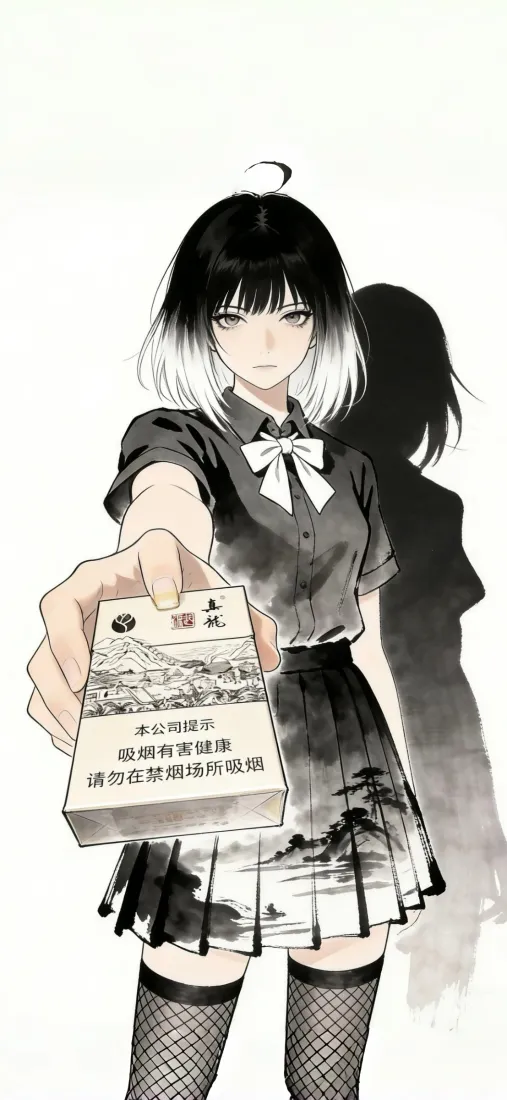渐变发色少女手机壁纸｜递烟水墨风背景图片 - 暗黑二次元「哲风壁纸」