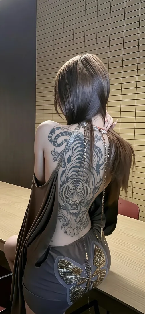 满背虎纹美女手机壁纸｜室内实拍纹身背景图片 - 性感人像「哲风壁纸」