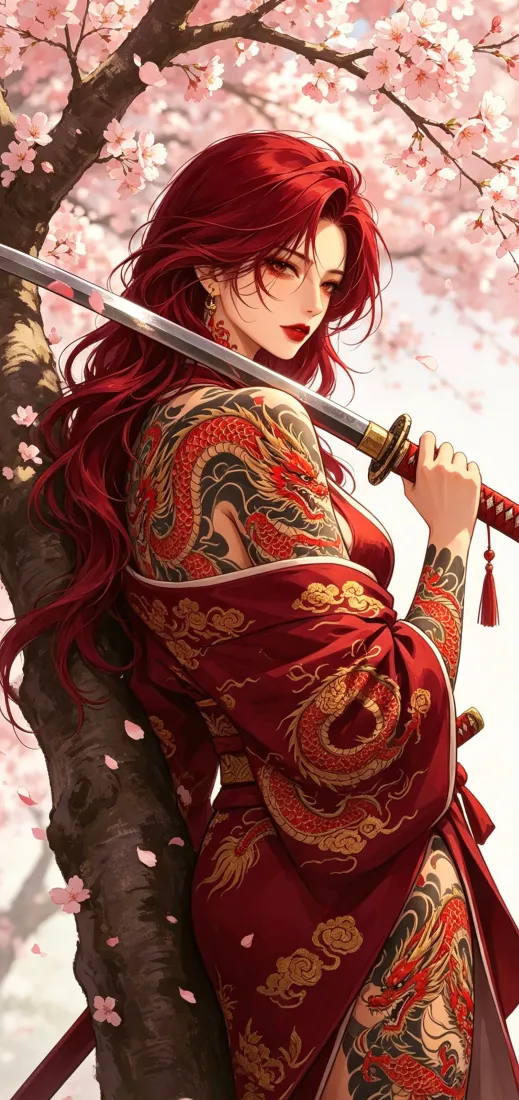 红发纹身女武士手机壁纸｜樱花和服背景图片 - 冷艳动漫御姐「哲风壁纸」