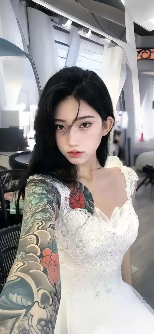 纹身美女手机壁纸｜白裙花臂室内背景图片 - 性感时尚人像「哲风壁纸」