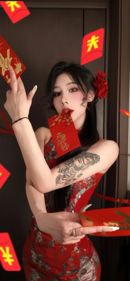 纹身美女手机壁纸｜红色旗袍背景图片 - 新春红包「哲风壁纸」