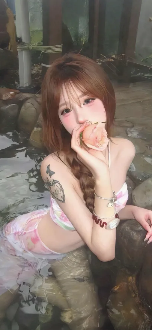 纹身美女手机壁纸｜温泉休闲背景图片 - 粉色露肩穿搭「哲风壁纸」