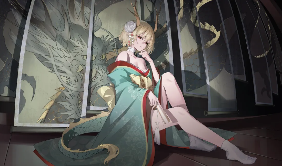 5k东方Project壁纸｜金发少女背景图片 - 绿色和服插画「哲风壁纸」