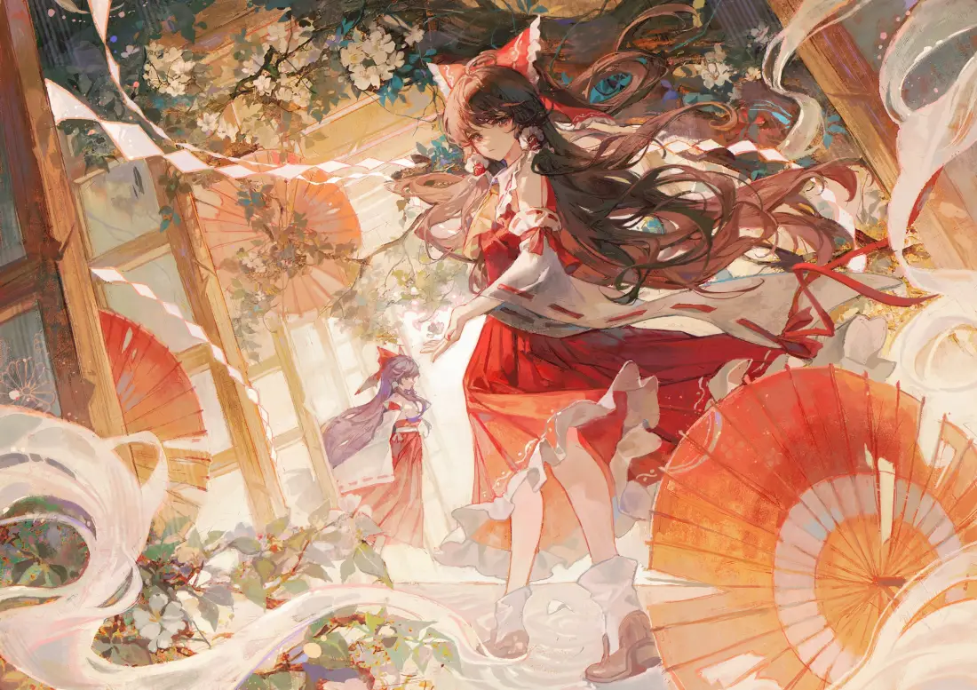 3k博丽灵梦壁纸｜东方project樱花神社背景图片 - 和风巫女少女「哲风壁纸」
