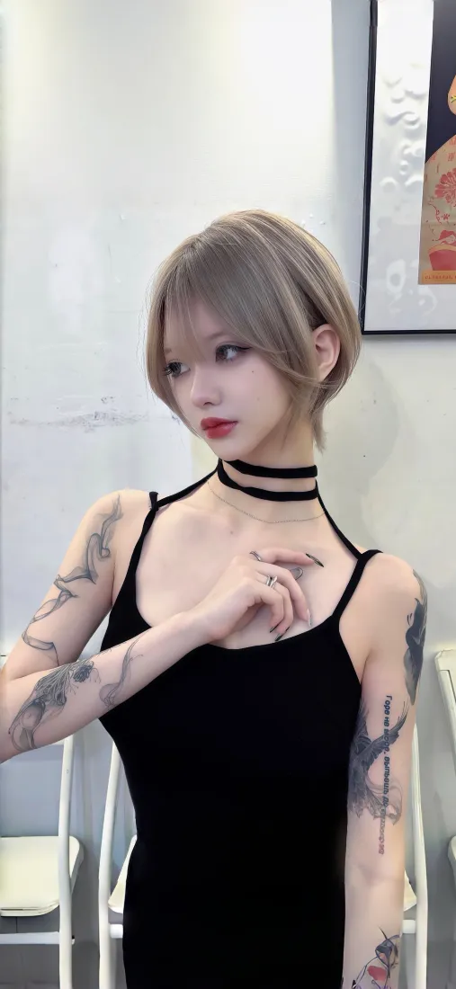 短发纹身美女手机壁纸｜黑色吊带穿搭背景图片 - 个性潮流「哲风壁纸」
