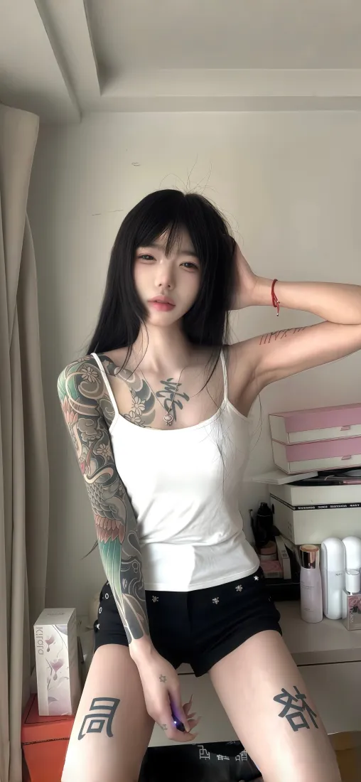 纹身美女手机壁纸｜室内居家背景图片 - 性感时尚女生「哲风壁纸」