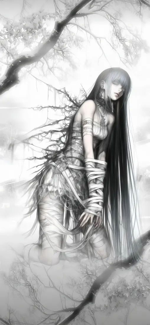 黑白绷带少女手机壁纸｜枯树枝背景图片 - 暗黑动漫手绘「哲风壁纸」