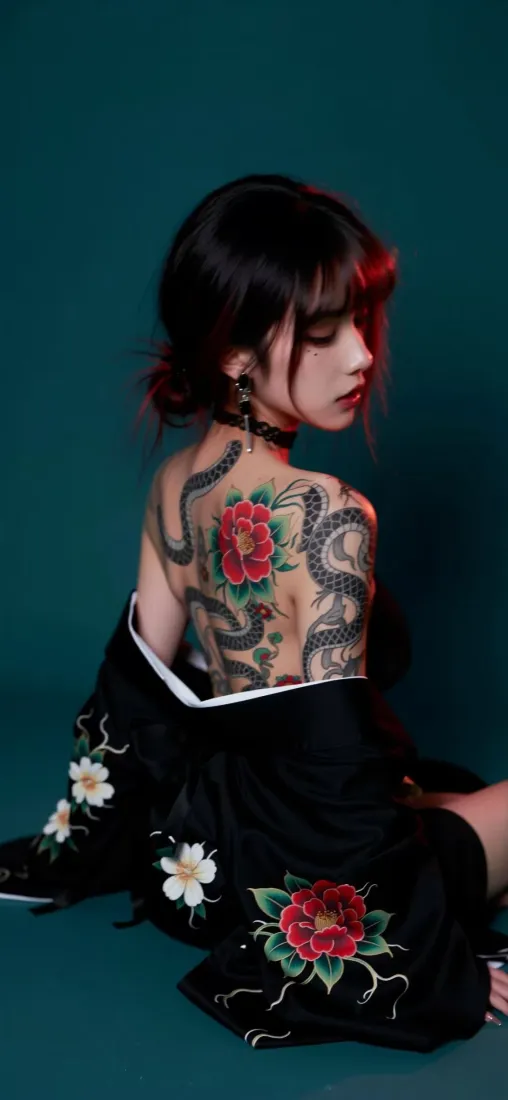 纹身美女手机壁纸｜青蓝背景图片 - 酷飒性感人像「哲风壁纸」