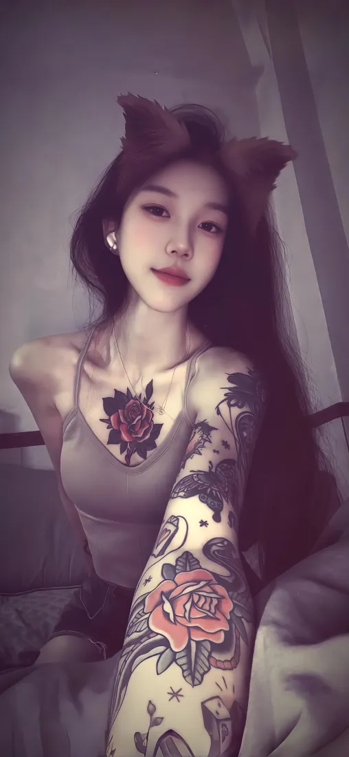 花臂纹身美女手机壁纸｜居家氛围感背景图片 - 猫耳造型「哲风壁纸」