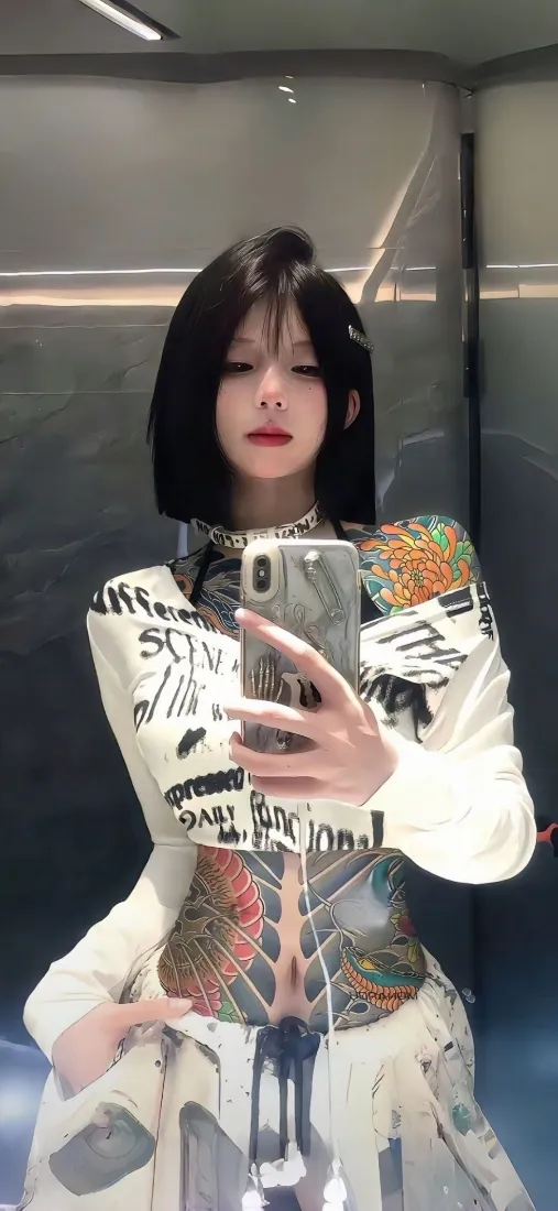 纹身美女手机壁纸｜时尚穿搭背景图片 - 电梯间对镜自拍「哲风壁纸」