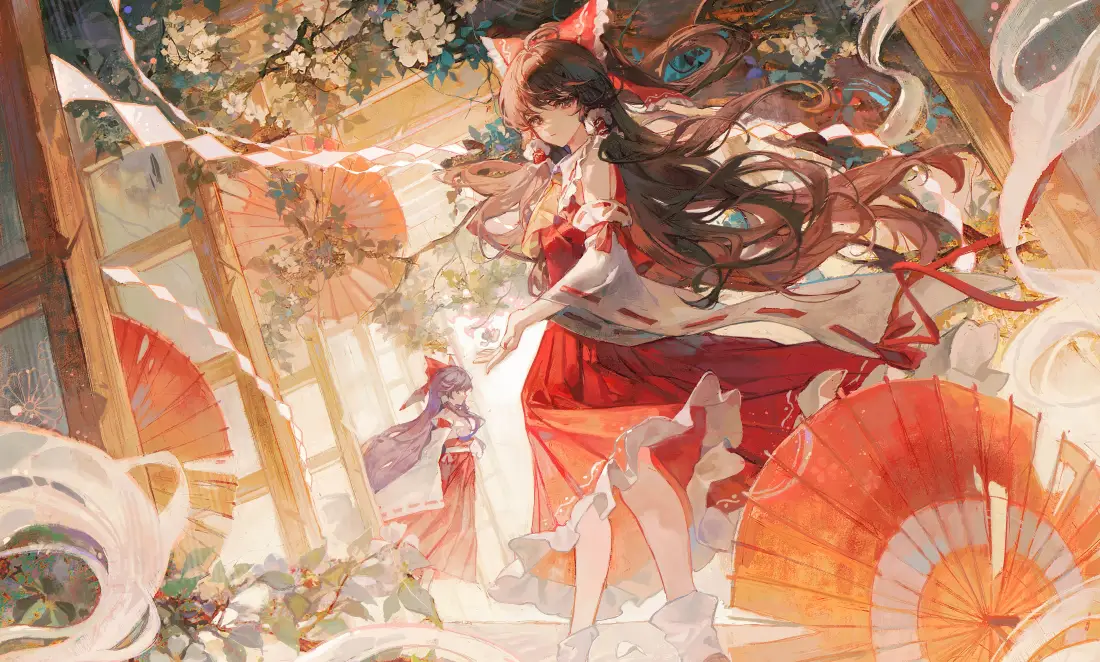 8k古风红衣少女壁纸｜花树油纸伞背景图片 - 国风动漫插画「哲风壁纸」