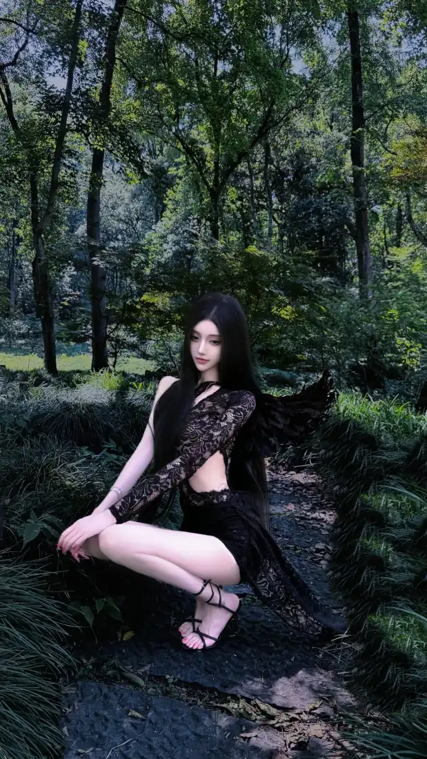 暗黑美女手机壁纸｜森林溪流背景图片 - 氛围感人像「哲风壁纸」