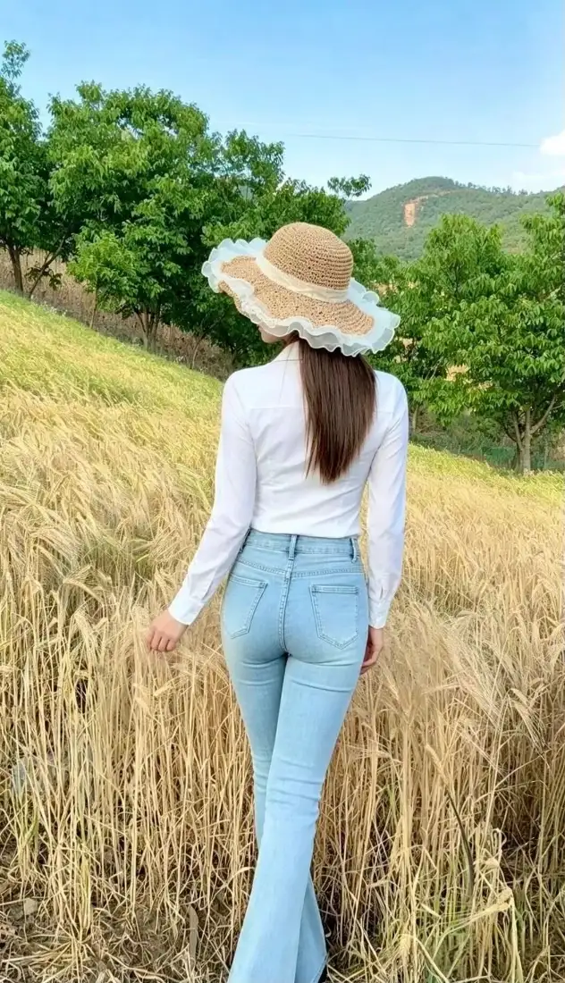 牛仔裤美女手机壁纸｜麦田郊外背景图片 - 休闲清新穿搭「哲风壁纸」