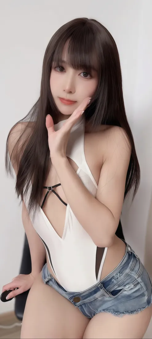 甜美美女手机壁纸｜白色挂脖上衣背景图片 - 牛仔短裤时尚写真「哲风壁纸」