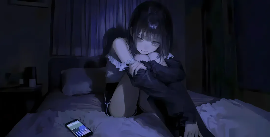 2k失落黑发少女壁纸｜深夜卧室背景图片 - 二次元伤感插画「哲风壁纸」