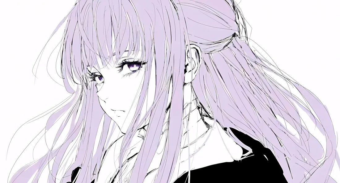 2k淡紫长发少女壁纸｜线稿插画背景图片 - 二次元冷艳人物「哲风壁纸」