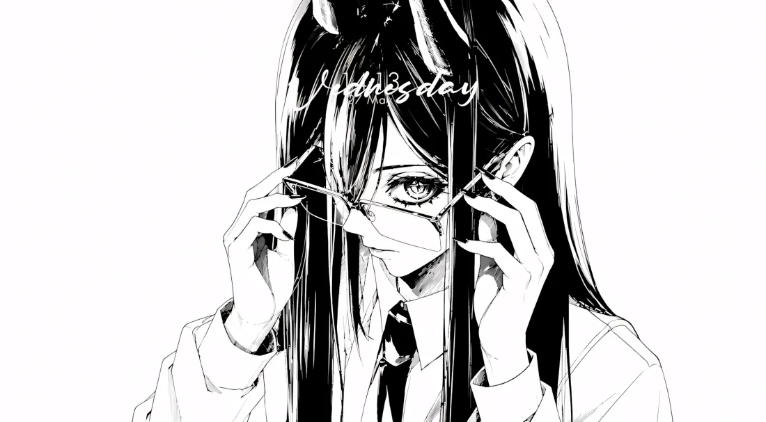 2k黑长直少女壁纸｜调眼镜背景图片 - 黑白动漫插画「哲风壁纸」