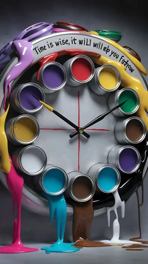 创意颜料时钟手机壁纸｜彩色颜料流淌背景图片 - 艺术创作「哲风壁纸」