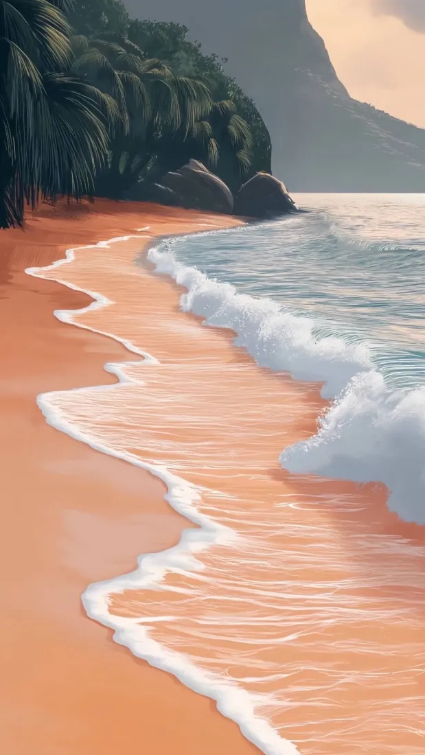 橘色海滩手机壁纸｜海浪沙滩背景图片 - 治愈插画风景「哲风壁纸」