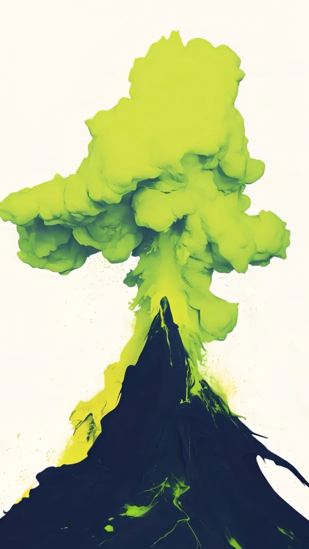 火山喷发插画手机壁纸｜绿色烟雾背景图片 - 极简创意艺术「哲风壁纸」