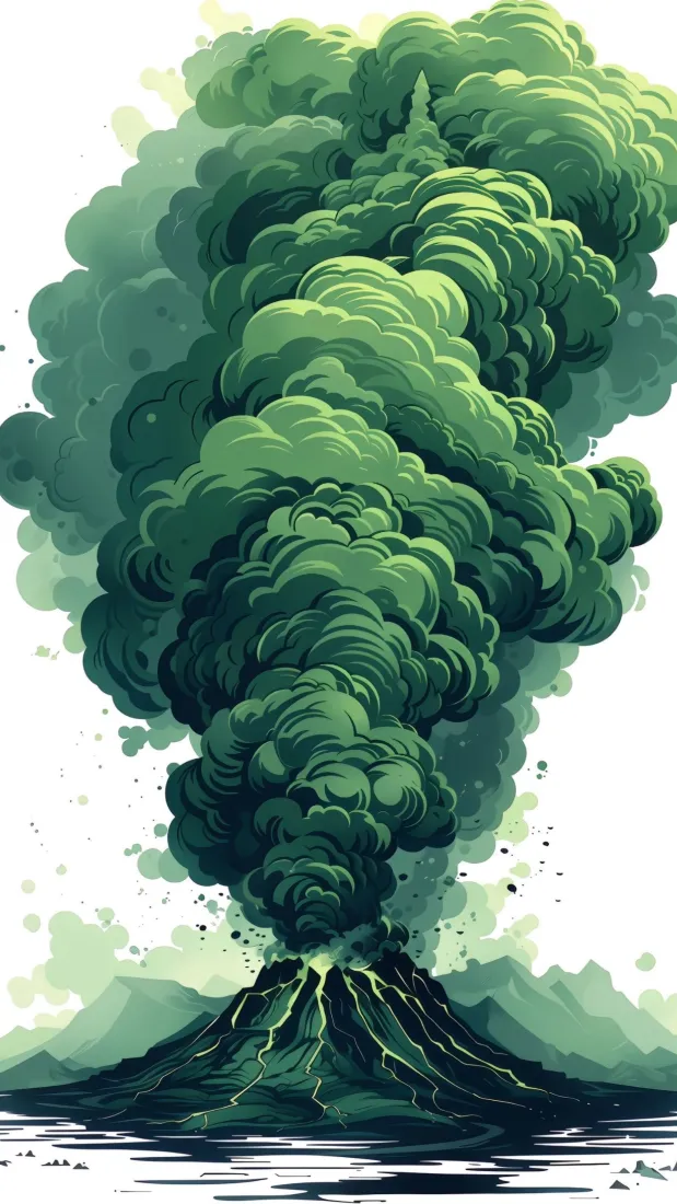 火山喷发手机壁纸｜绿色滚滚浓烟背景图片 - 手绘创意插画「哲风壁纸」