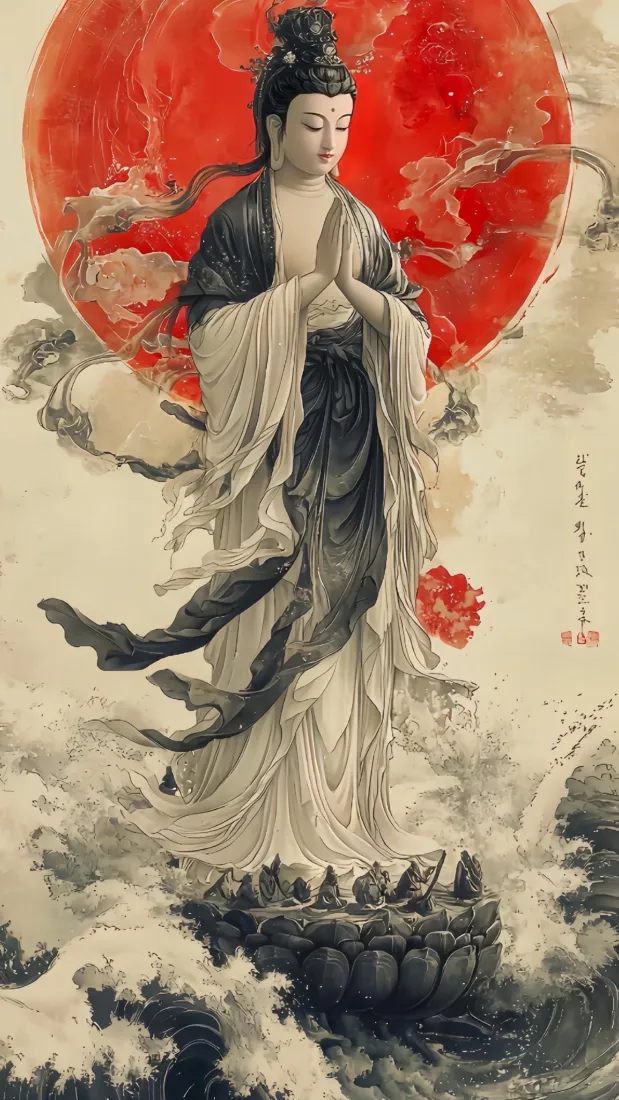 观音手机壁纸｜国风古风背景图片 - 祥云红日莲花工笔画「哲风壁纸」
